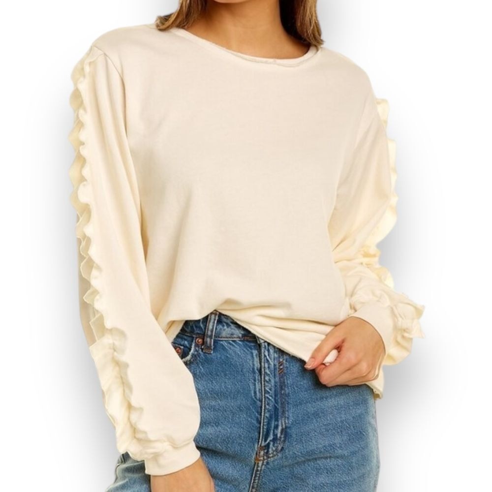 Grey State L Sweatshirt‎ Arabella Jet Stream Ruffle Sleeve Cream Slouchy Cozy